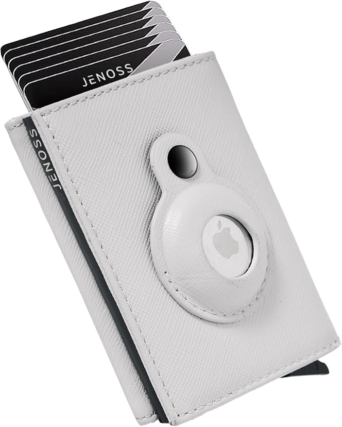 Jenoss Smart AirTag Wallet for Men & Women: Full Grain Leather, Handcrafted, Pop Up Case, Slim, RFID Blocking, Credit Card Holder, Apple Air Tag Tracker Minimalist 9-12 Slot | ID & Cash (Black& Grey)