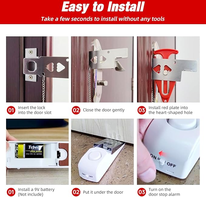 Portable Door Stop Alarm and Traveling Hotel Door Lock, No Installation Required, Provides Double Security for Home, Hotel and Traveling (1 Door Lock + 2 Door Stop)