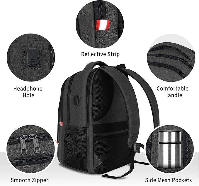 Backpack for Men Women, School Backpack, Large Quilted College Bookbag for Men, Water Resistant Travel Work Backpacks, Business Computer Back Pack with USB Charging Port, Fits 17" Laptop Black