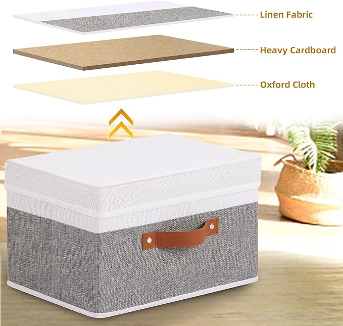 Fabric Storage Boxes with Lids, Linen Foldable Cloth Baskets, Closet Organizer Containers with Double Handles, Sweater Bins for Bedroom, White and Grey, 3 Pack, 13 x 9.1 x 7.9 Inch
