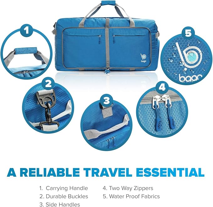 Bago Large Foldable Duffel Bags for Traveling Women & Men - 100L Packable Duffle Bag for Travel with Shoe Compartment - Water Repellant, Heavy Duty, Lightweight Folding & Collapsible (Blue)