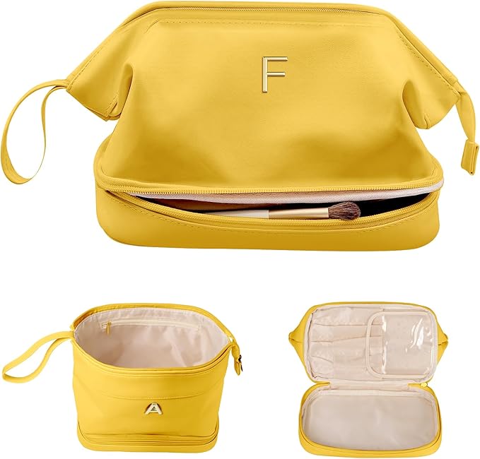 Monogrammed Gifts, Initial Makeup Bag, Travel Gifts, Personalized Bags, Waterproof Double Layer Cosmetic Bag, Large Capacity PU Leather Makeup Bags Letter Travel Toiletry Bag, Friend Gifts