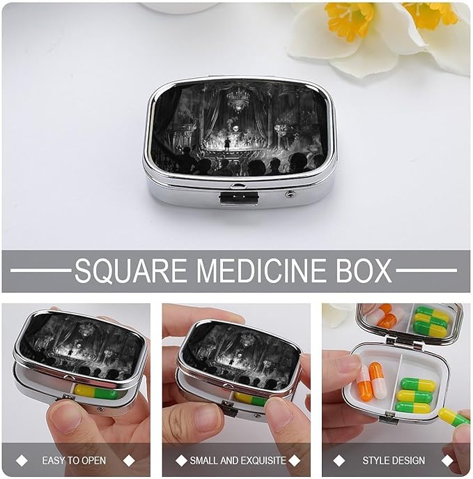 Metal 2 Compartment Pill Organizer Travel Friendly Portable Compact Pill Box Cute Pill Case,for Pocket Wallets Daily Portable Medicine Vitamin Tablet Storage (A Dark Stage)