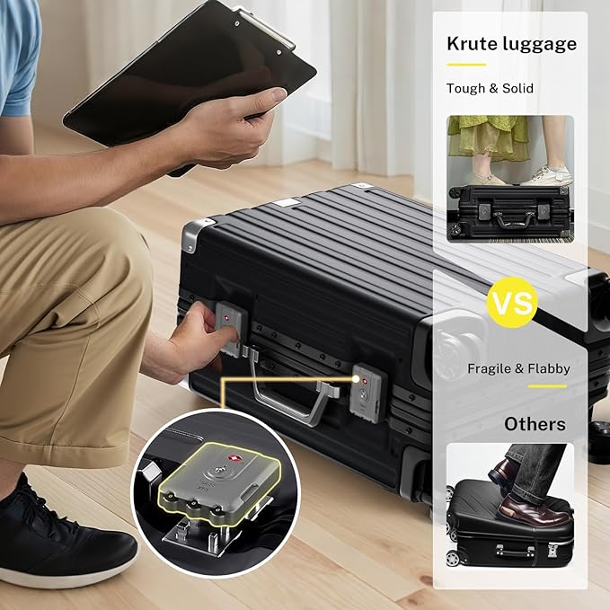 Krute Checked Aluminum Frame Suitcase 24 Inch Zipperless Luggages Hardside PC Luggage With Spinner Wheels TSA Lock USB Charger Suitcases(1 Piece)