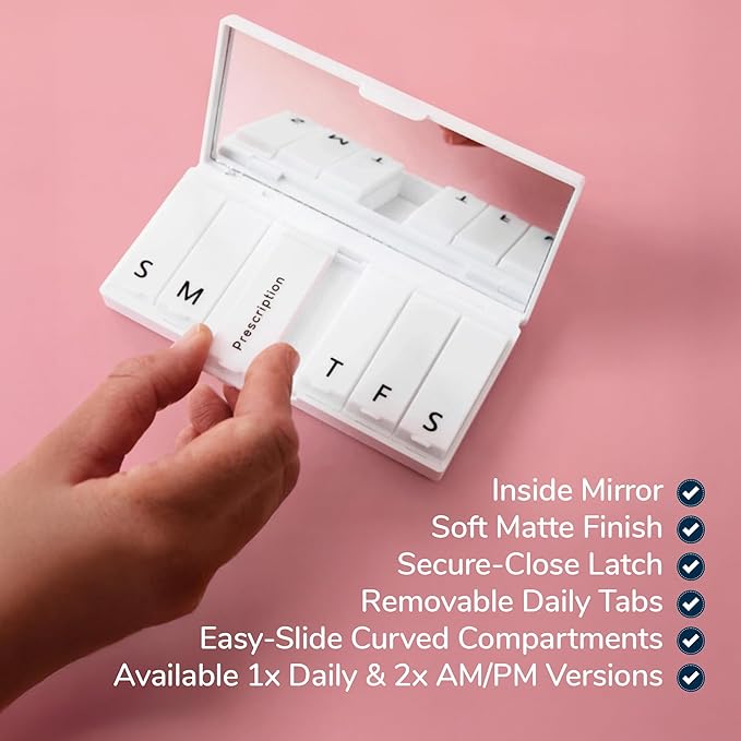 PORT X POLISH Designer Weekly Pill Box Organizer (AM/PM 2X Daily, Lilac) | Compact, Stylish 7-Day Vitamin Supplement Case | Cute Portable Mini Travel Medicine Carrier | BPA-Free Pillbox Caddy