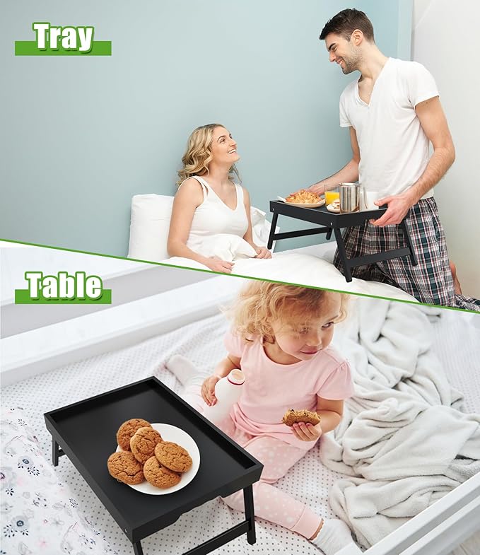 Bed Tray Table with Folding Legs,Bamboo Breakfast in Bed for Kitchen Serving Tray,Sofa,Used As Laptop Desk Snack Breakfast Tray (Black, Large)