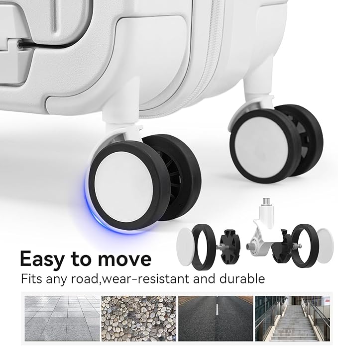 SOKOK Front Pocket Luggage with Spinner Wheels, 24'' Wide Handle Travel Suitcase PC Hardshell Multifunctional Luggage with Charging Port and Cup Holder, White