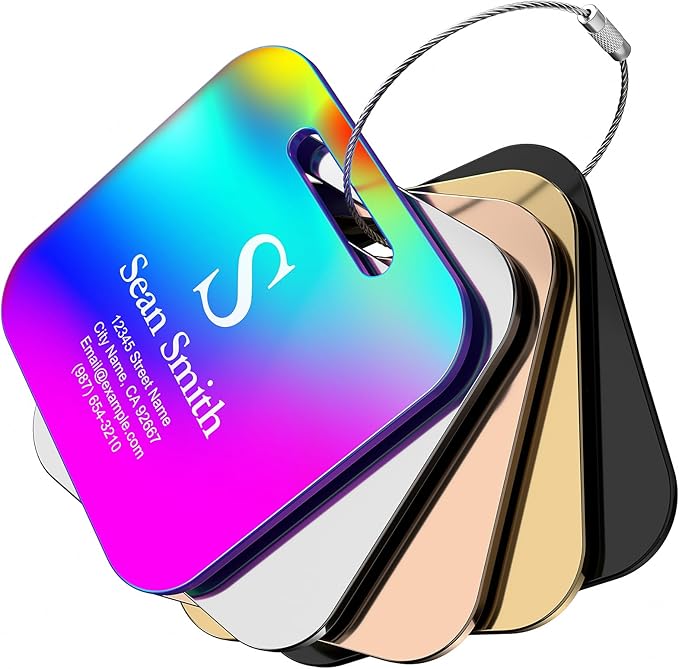 Personalized Engraved Gold Metal Luggage Tags for Suitcase - Custom Name Tags for Bags and Backpacks (10 Pack)