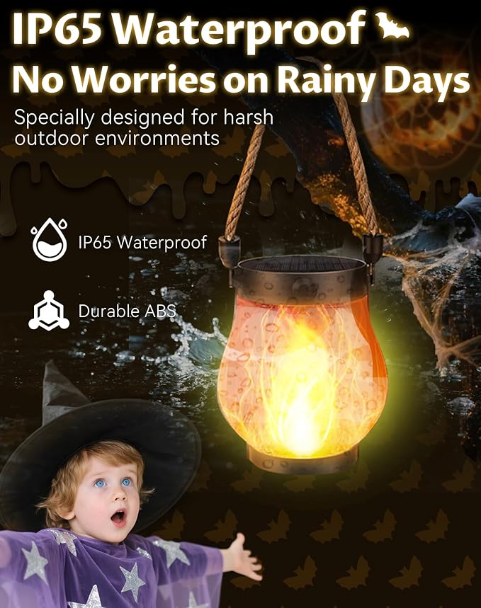 Kaliqo Solar Lantern Outdoor Lights - Official, Waterproof Kaliqo Solar Flame Lights Hangable with Dancing Flame, Hemp Rope Hanging Flame Lanterns,Dual Charging Modes, Smokeless (4pcs)
