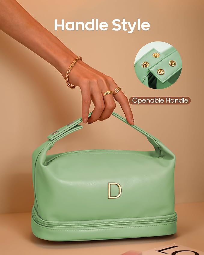 Women Gift, Personalized Makeup Bag with Handle, Initial Double Layer Cosmetic Bag with Makeup Brush Organizer, Cute Cosmetic Pouch for Women, Gifts for Friends Female Mom