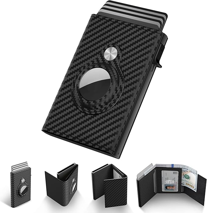 Mens Smart Wallet Card Holder for AirTag: Leather, Compatible with Apple Air Tag, RFID Blocking, Slim, Carbon Fiber, Minimalist - 9-14 Card Capacity | ID Window | Cash Slot (Black)