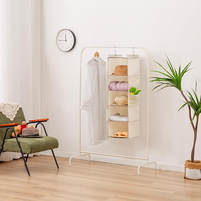 YOUDENOVA Hanging Closet Organizer, 5-Shelf Closet Hanging Storage Shelves, Beige