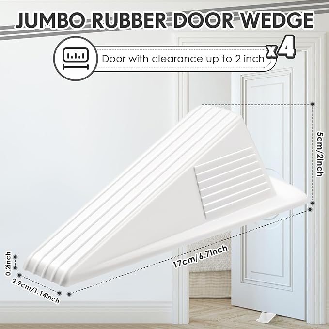Frienda 4 Pcs Jumbo Door Stoppers Heavy Duty Door Stopper Tall up to 2inch Tall Wedge TPR Large Wedge Stackable Big Rubber Doorstop for Hotel Carpet Hardwood Concrete and Tile (White)