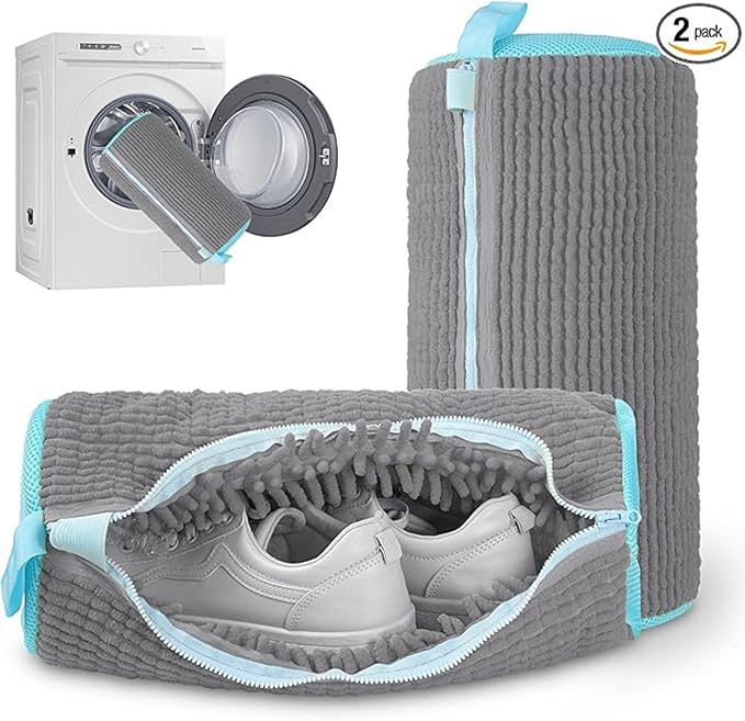 Shoe Cleaning Bag, Washing Machine Shoe Bag, Reusable Sneaker Cleaning Bag, Suitable for Washing Machines and Dryers, Shoe Cleaning Bag with Side Zipper and Hanging Cord (2-Pack, Gray)