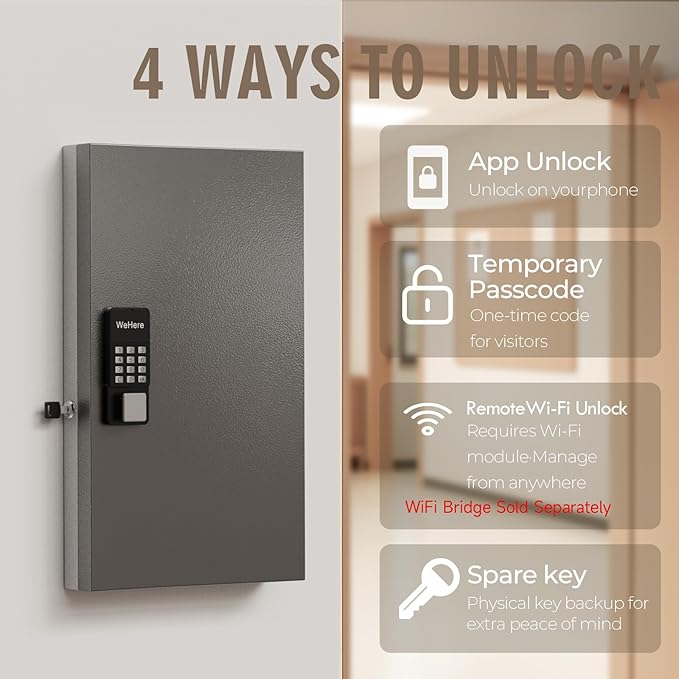 WeHere 72 Key Lock Box Wall Mount, APP Bluetooth/OTP/Wi-Fi/Fixed Code/Key Unlock, Smart Key Cabinet with Key Tag, Key Organizer Holder Box, Key Management Directory for Office, Valet, Realtor, Hotel