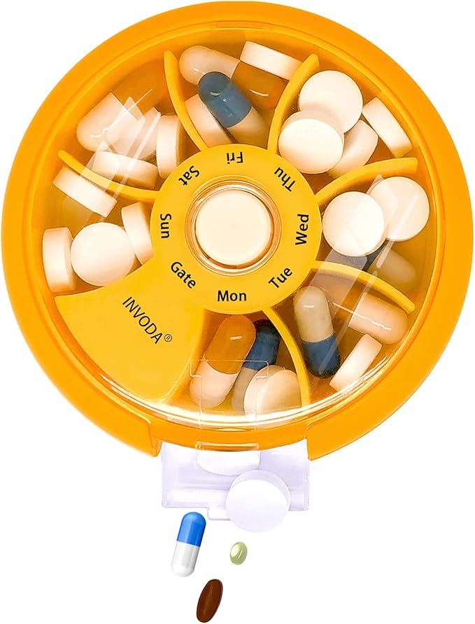 INVODA Weekly Pill Organizer 7 Compartment Rotating Pill Box for Daily Medication & Vitamins - Portable Travel Pill Case Fish Oil Supplements Vitamins Organizer (Orange)