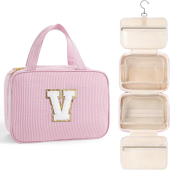 TOPEAST Travel Toiletry Bag for Women - Hanging Toiletry Bag Makeup Bag, Portable Toiletries Cosmetic Bag, Airplane Travel Essentials - Letter V, Pink