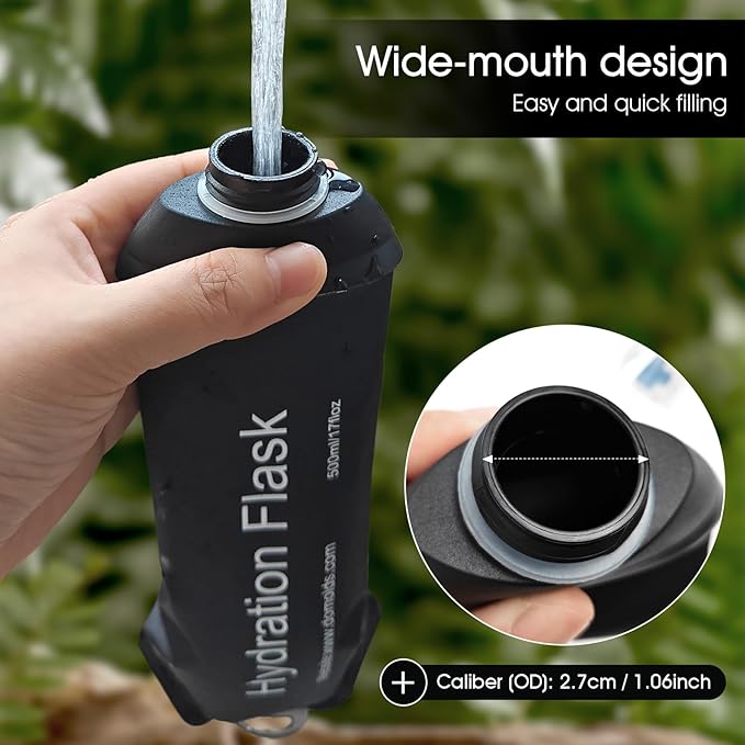 GYGYL Soft Flask, TPU Collapsible Soft Water Bottle for Hydration Pack, Running Vest, Leak-Proof Folding Water Bottle for Hiking Cycling Climbing Jogging-500ml Black