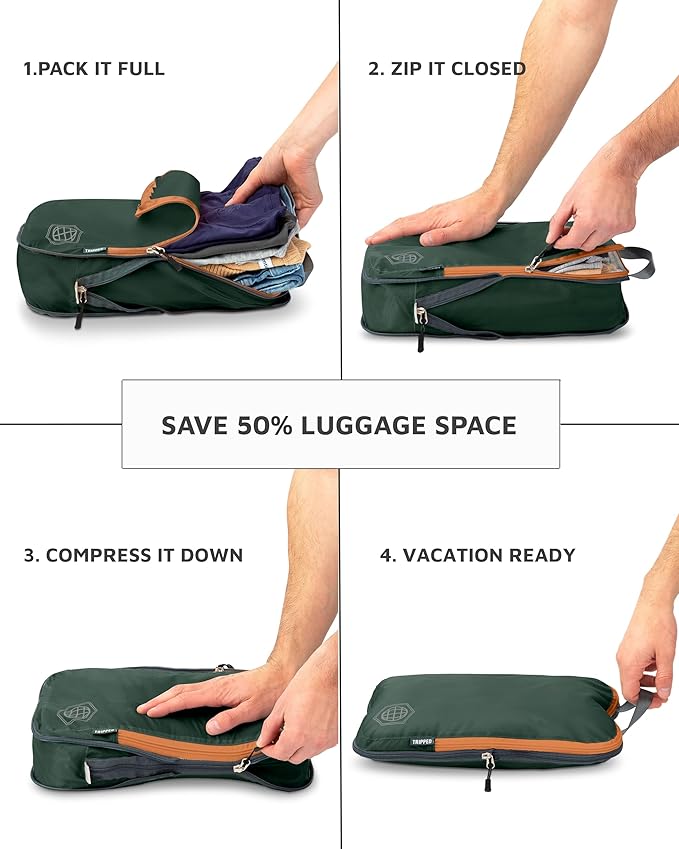 Large Compression Packing Cubes for Travel-Packing Cube Luggage Organizers 7 Piece Set for Checked Luggage-Ultralight, Expandable/Compression Bags by TRIPPED Travel Gear (Green and Brown)