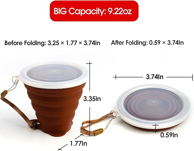 ME.FAN Silicone Collapsible Travel Cup - Silicone Folding Camping Cup with Lids - Expandable Drinking Cup Set - Portable, Graduated [9.22oz]
