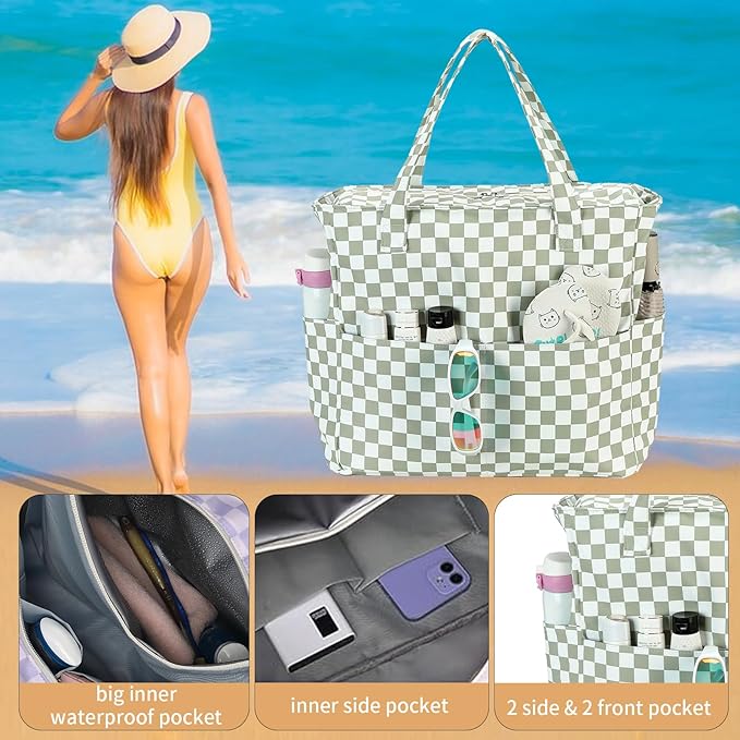 LEDAOU Large Beach Tote Bag Women Waterproof Sandproof Zipper Beach Tote Bag for Pool Gym Grocery Travel with Wet Pocket
