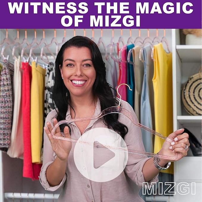 MIZGI Premium Clear Invisible Acrylic Hangers,Crystal Plastic Hangers with Bling Rose Gold Glitter 50 Pack Ultra Slim & Space Saving Suit Hangers for Coats, Pants & Dress Clothes