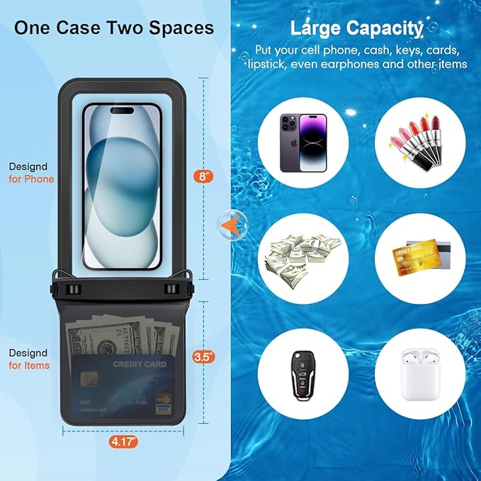 Double Space Waterproof Phone Pouch, 2 Pack Waterproof Phone Case with Lanyard for iPhone 16 15 14 Pro Max up to 8.5’’, Cellphone Dry Bag for Beach Vacation Travel Cruise Essentials
