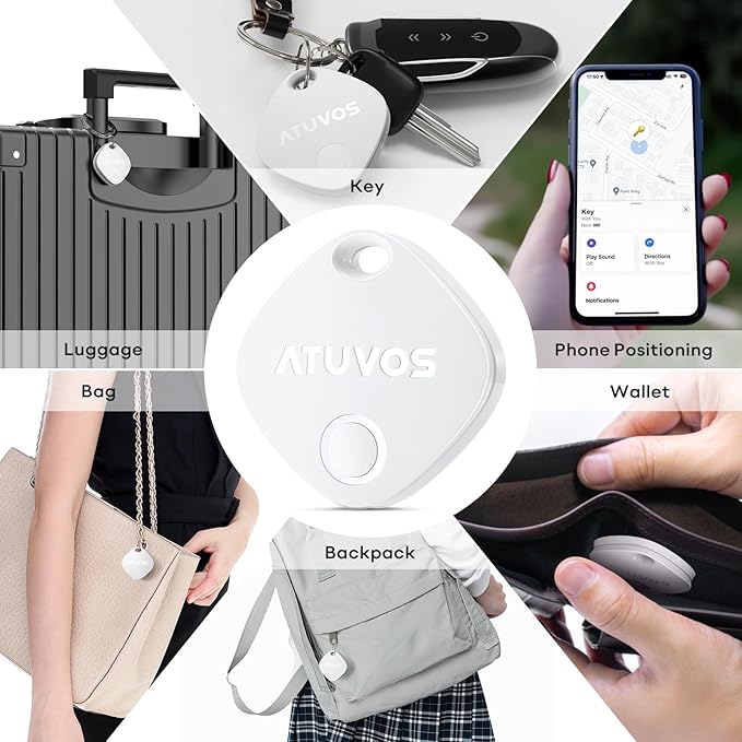 ATUVOS Air Tracker Tags-4 Pack, Bluetooth Luggage Tracker Works with Apple Find My APP (iOS Only, Not for Android), Keys Finder and Item Locator for Luggage, Backpack, Suitcases, Replaceable Battery
