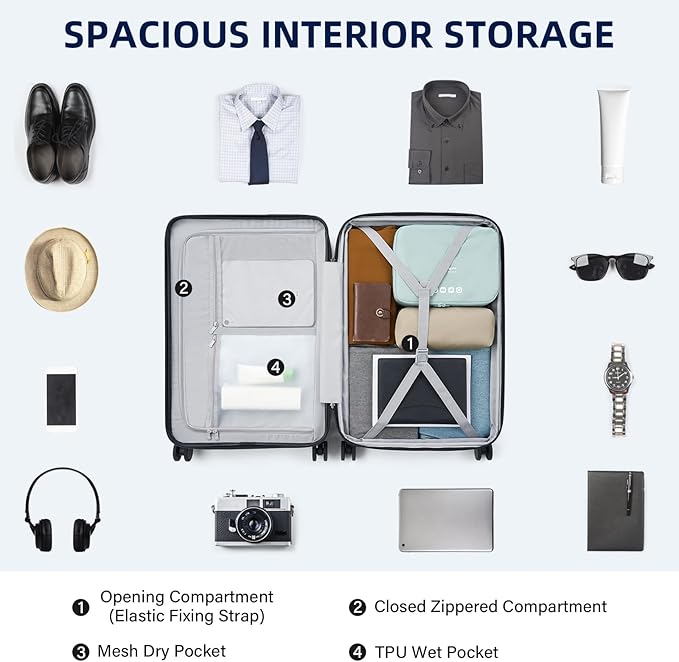 Hard Shell Suitcases 24 Inch Check in Luggage with Spinner Wheels, Expandable Travel Luggage with Cup Holder Charger Built in, Checked Medium Suitcase Lightweight Suitcases, Silver