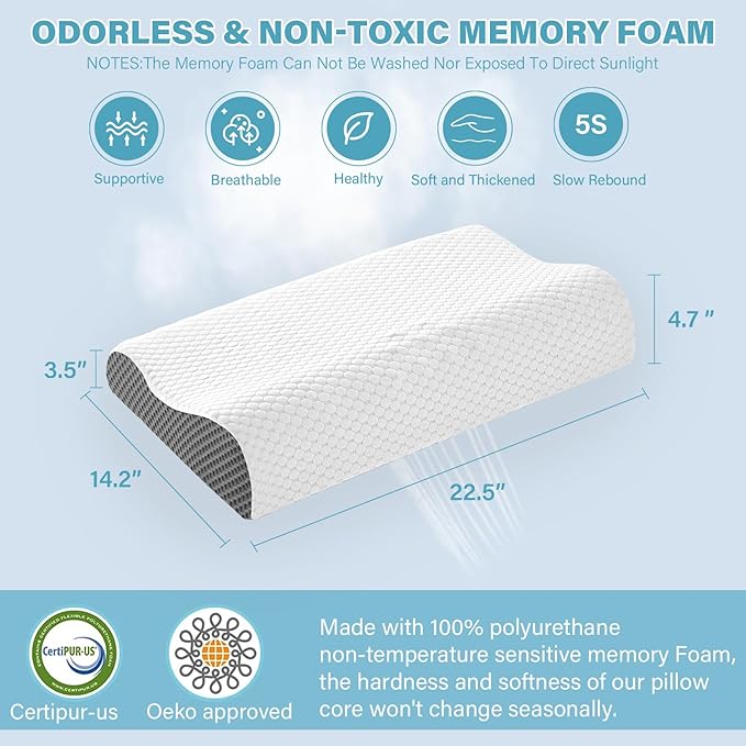 Memory Foam Cooling Bed Pillows for Sleeping, Ergonomic Cervical Pillow for Neck and Shoulder Pain Relief, Adjustable Cold Pillow,with Pillowcase（Grey）