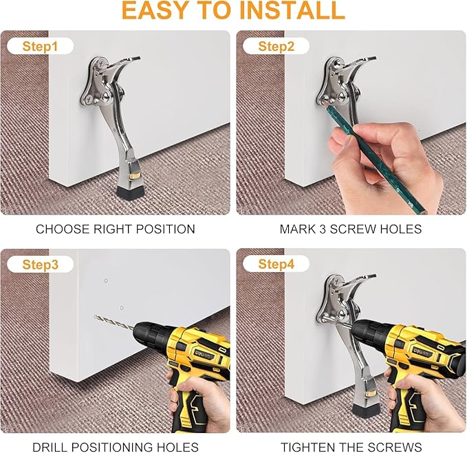 6 Packs Heavy Duty Kickdown Door Stopper, One Touch Adjustable Kickdown Door Stop for Heavy Doors, 4 in Metal Door Kickstand with Rubber Tip & Wall Protectors for Wide Doors