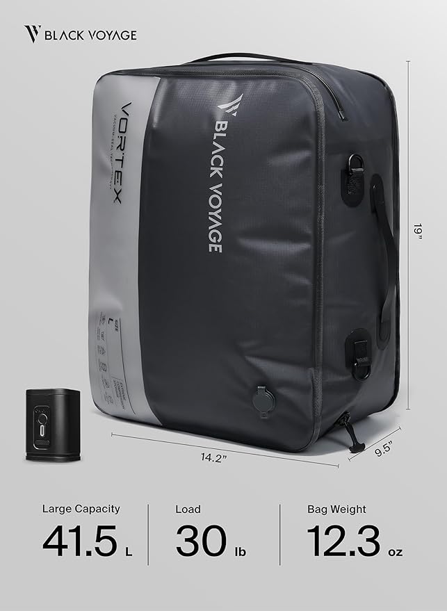 Black Voyage Reusable Vacuum Compression Travel Bag for Carry-On Suitcase and Backpack, Recycled IP67 Waterproof Space Saver Vacpack (2-Pack, 18L - Pump Included)
