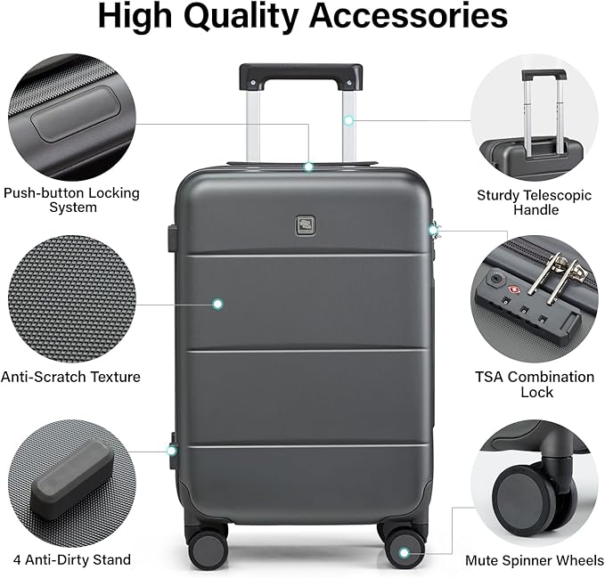 Hanke 20 Inch Carry On Luggage 22x14x9 Airline Approved PC Hard Shell Suitcases with Wheels TSA Luggage for Women Men Lightweight Travel Luggage(Graphite Grey)