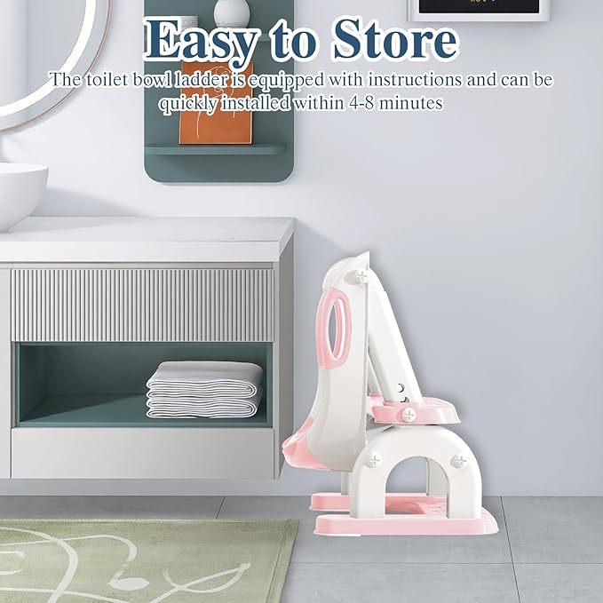 Potty Training Seat for Toddlers, Adjustable Height 2-in-1 Potty Training Toilet Ladder for Kids Boys Girls with Splash Guard, Waterproof Cushion, Anti-Slip Pad Step Stoo - Pink