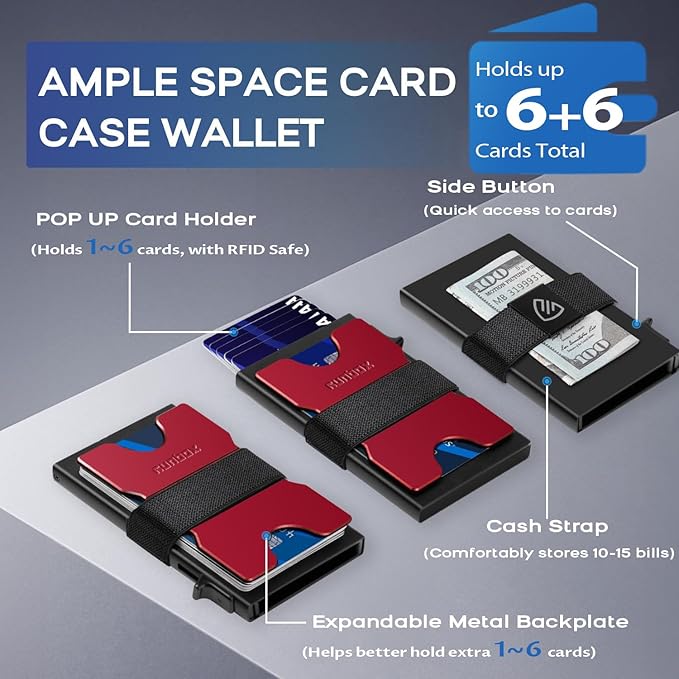 Mens Business Card Holder, Slim Card Wallet for Men and Women, Minimalist RFID Blocking Wallet with Pop-Up Function, Thin Design, Metal Cases Holds 6+6 Cards, Gifts for Men, Men's Accessories