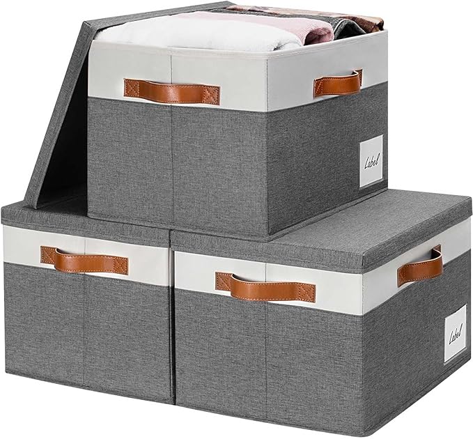 GhvyenntteS Storage Bins with Lids 3 Pack, Large Storage Baskets with Lids and Label, Foldable Fabric Storage Boxes with 3 PU Handles for Organizing Shelves Home Nursery Office (Grey, 15x11x9.6)