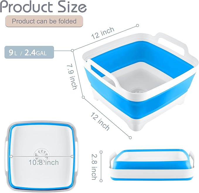 2.4 Gal(9L) Collapsible Dish Basin with Drain Plug - Collapsible Wash Basin for Baby Bottles, Space-Saving Camping Sink for Dishes Washing (Blue)