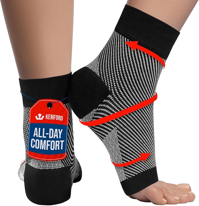KEMFORD Ankle Compression Sleeve - Plantar Fasciitis Braces - Open Toe Compression Socks for Swelling, Sprain, Neuropathy, Foot Arch Support for Men and Women - 20-30mmhg, L, Black and White