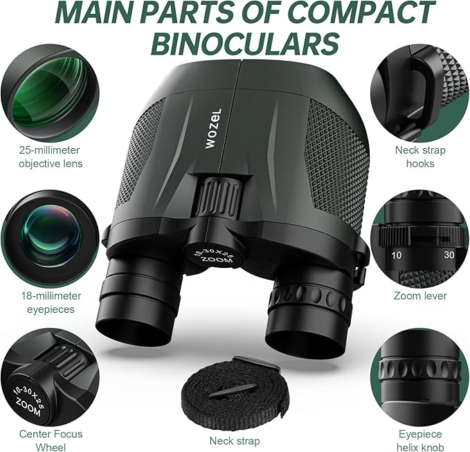 10-30x25 Compact Binoculars for Adults & Kids: Wozel Large Eyepiece Waterproof Binoculars with Easy Focus, Lightweight Binocular for Bird Watching, Outdoor Sports, Hunting, Travel