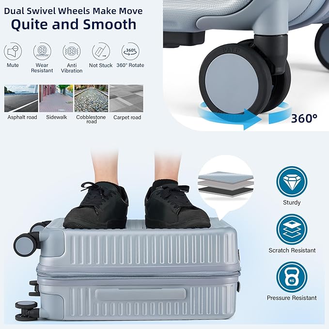 Hard Shell Suitcases Expandable Travel Luggage Sets 2 Piece, Carry on and Check in Luggage Lightweight Suitcase Set 2 Piece with Wheels Cup Holder Charger Built in (Silver, 20/28)