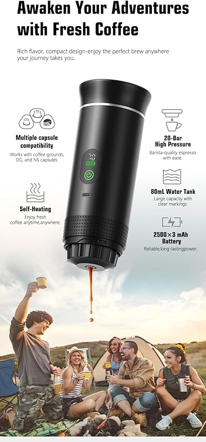 Portable Electric Coffee Maker, Digital Display, Compatible with Coffee Pods,Rechargeable Coffee Machine for Travel, Camping, RV,Home,Office (green)