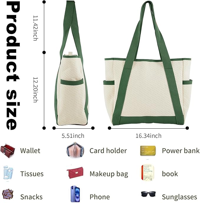 Large Canvas Tote Bag,White and Green, with Laptop Sleeve and Multiple Pockets