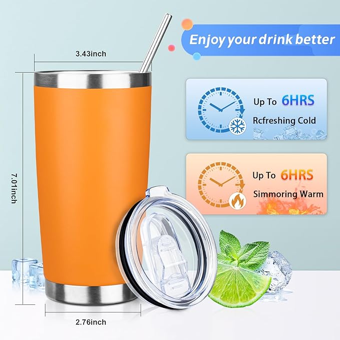 20oz Tumbler with Straw and Brush, Stainless Steel Vacuum Insulated tumbler, Double Wall Insulated Coffee Tumbler for Outdoor, Home, Travel,Office (Orange,1pcs)
