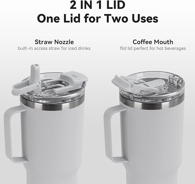 30oz Tumbler with Handle, Insulated Leak Proof Coffee Travel Mug with Straw Lid Double Wall Stainless Steel Vacuum Tumblers Metal Cup Keep Hot and Iced Drink for Gym, Office, Camping, White 1 Pack