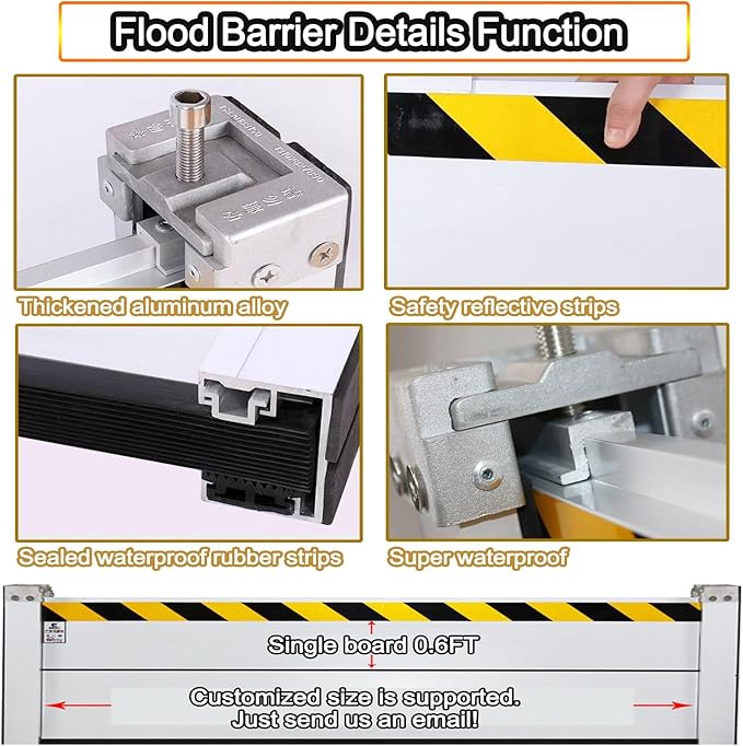 Reusable Flood Barrier, 3/4/5/6/7/8/9/10/11/12/13ft Long Heavy Duty Aluminum Water Barrier Shield for Sliding Glass Door/Driveway/Home Doorway, Removable Stopper Shield with Rubber(H 2ft(6