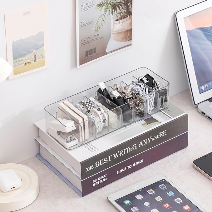 Yesesion 4 Pack Cord Organizer Box with 40pcs Wire Ties, Plastic Charger Storage Case with Adjustable Dividers for Desk Drawer, Home Office Supplies, Stationery, Data Cable, USB, Battery Holder