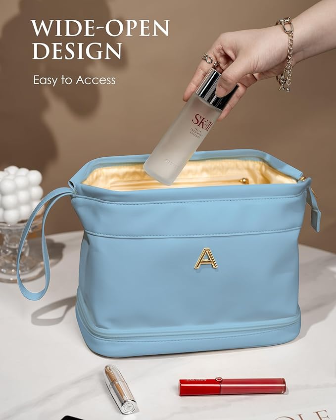 Gifts for 10 11 12 14 15 16 Year Old Girls, Initial Large Makeup Bag, Personalized Double Layer Cosmetic Bag with Makeup Brush Organizer,Toiletry Bag Gift For Daughter, Preppy Things for Girl