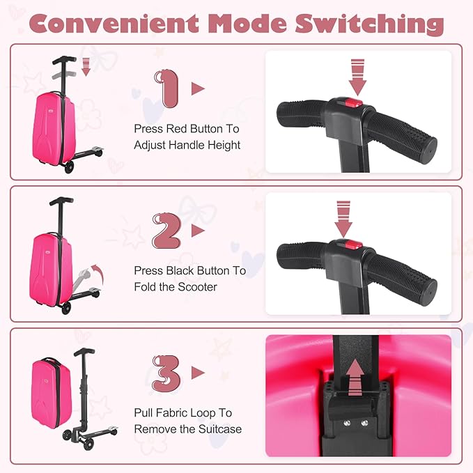 iubest Scooter Luggage Carry On Scooter Suitcase for Kids Age 4-15, Detachable & Foldable 4 in 1 Kids Suitcase, Multifunctional Ride On Travel Trolley Scooter Combo-Rose Pink