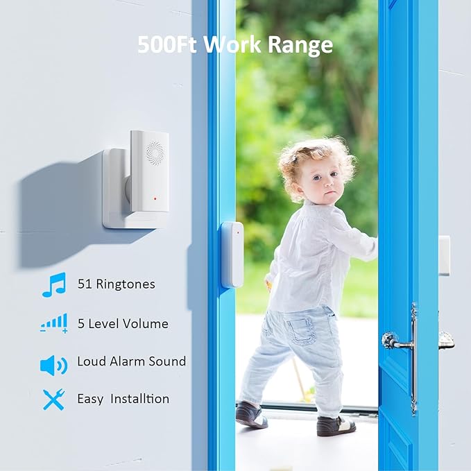 Wireless Door Chime for Business Entering, Door Open Alarm for Kid/Toddler Home Safety (500ft Range 51 Ringer) Door Dinger Buzzer Alert, 1 Receiver +2 Sensor