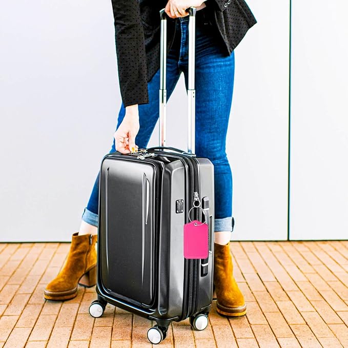 Luggage Tags for Suitcases-Leather Luggage Tag 4 Pack with Loops Cute Bag/Backpack/Suitcase Tags Travel Essentials for Flying (Pink)